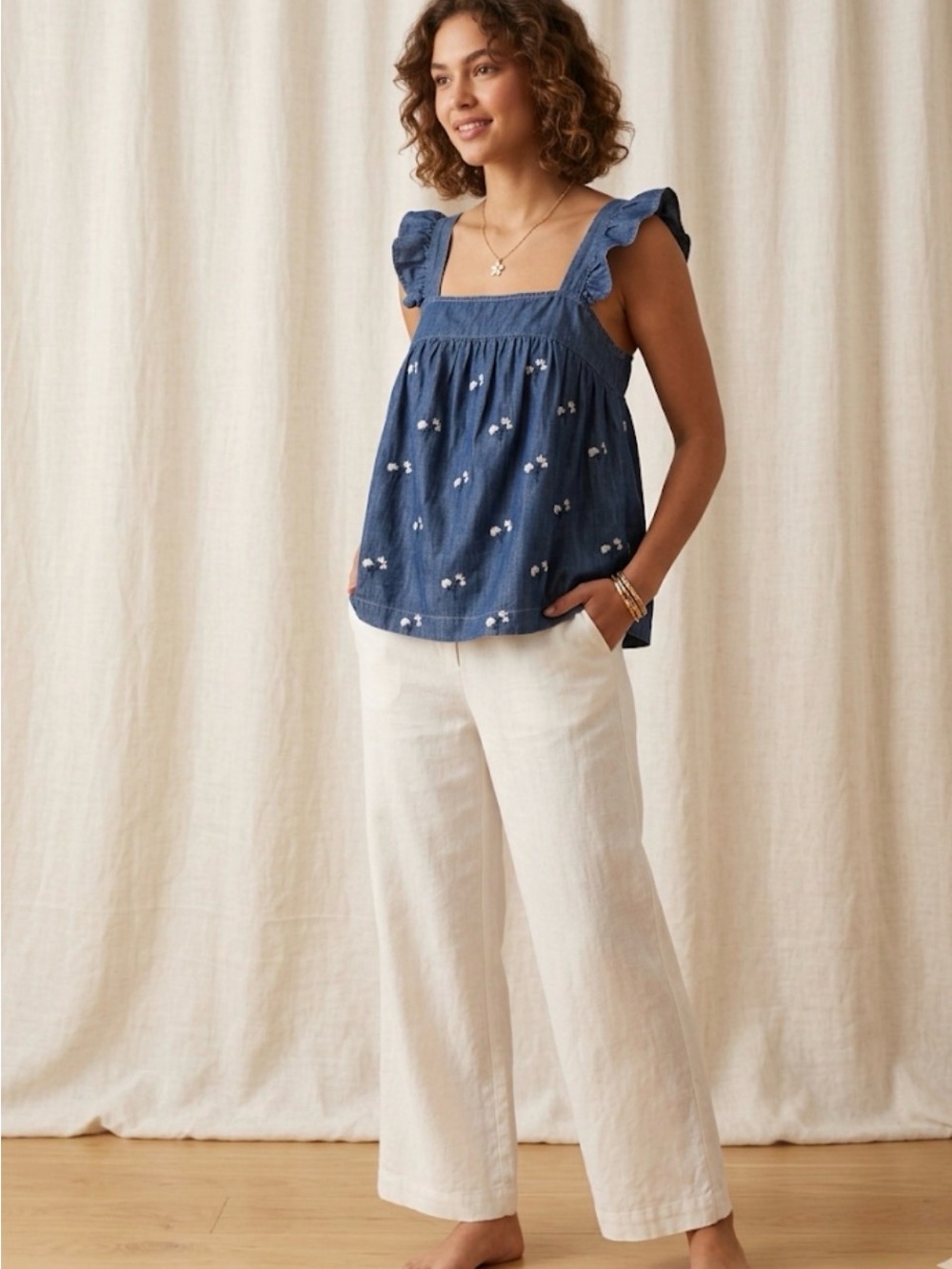 Harper Heritage Francesca’s Blue Embroidered Ruffle Denim Top - Size L - NWT